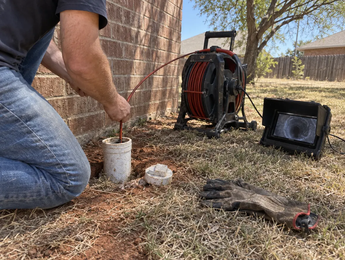 Hands feeding a drain camera cable into a sewer cleanout in a side yard