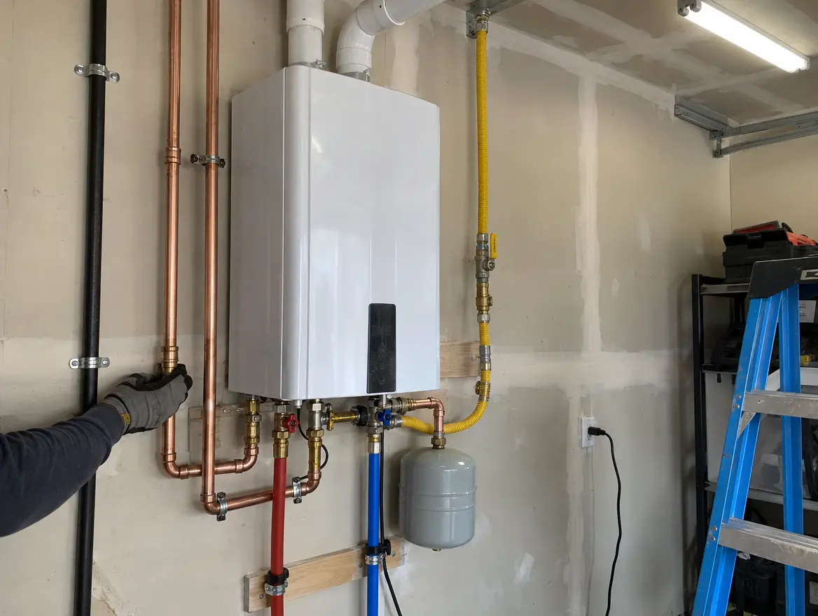 A tankless water heater on a garage wall with new copper pipes and a gas shutoff valve