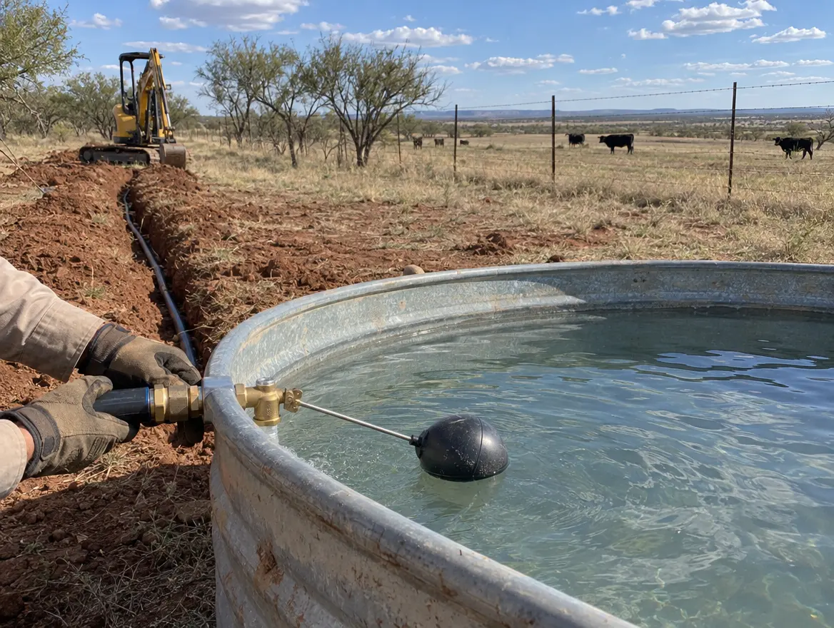 A galvanized stock tank on a pasture with a new water line trenched to it