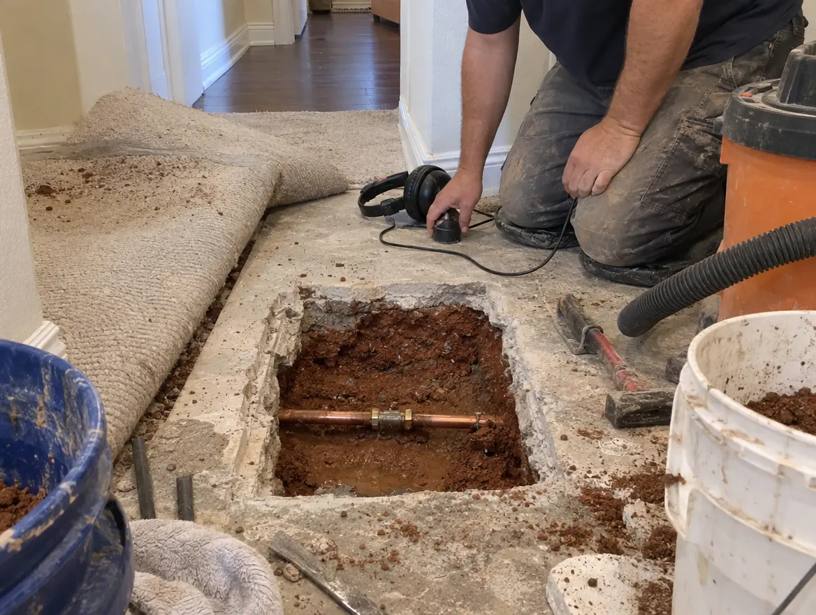 A section of concrete floor cut open to reach a leaking copper water line under the slab