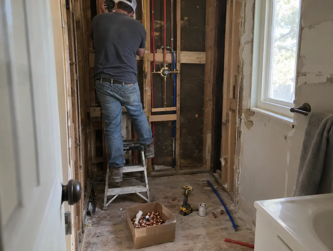 A bathroom stripped to the studs with new supply lines and a shower valve roughed in