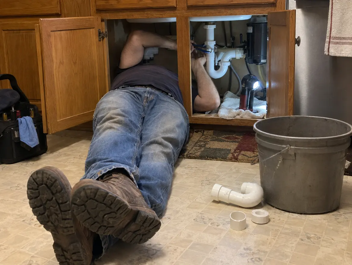 A plumber on his back under a kitchen sink, tightening the drain trap with pliers